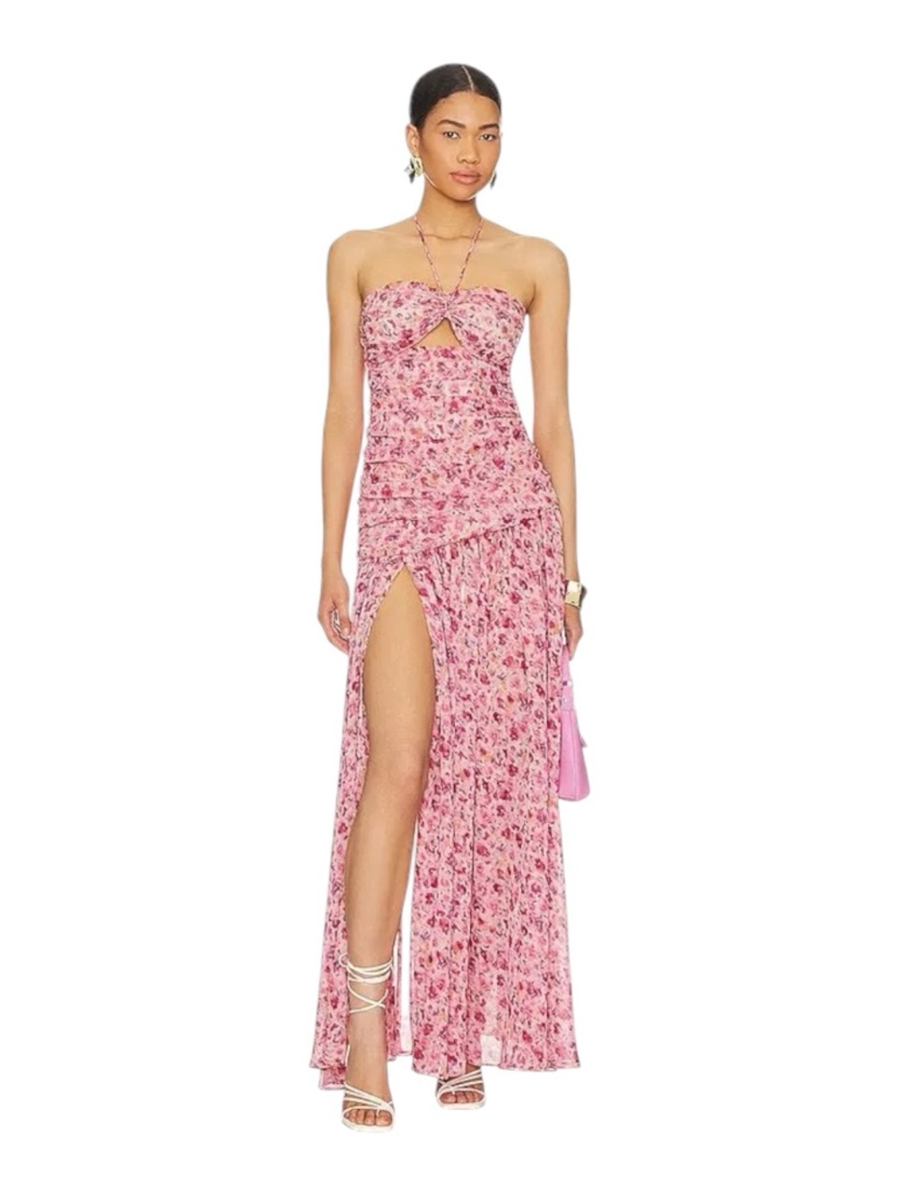 MISA Los Angeles Monet Dress XS Pink Floral Strapless Maxi Ruched Slit NWT